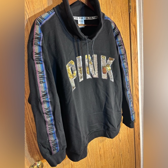 PINK Sequins Bling Rainbow University Cowl Neck Sweatshirt - Picture 3 of 6